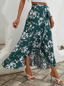 SHEIN VCAY 印花側打結裹身裙 - 綠色 - 查看 3