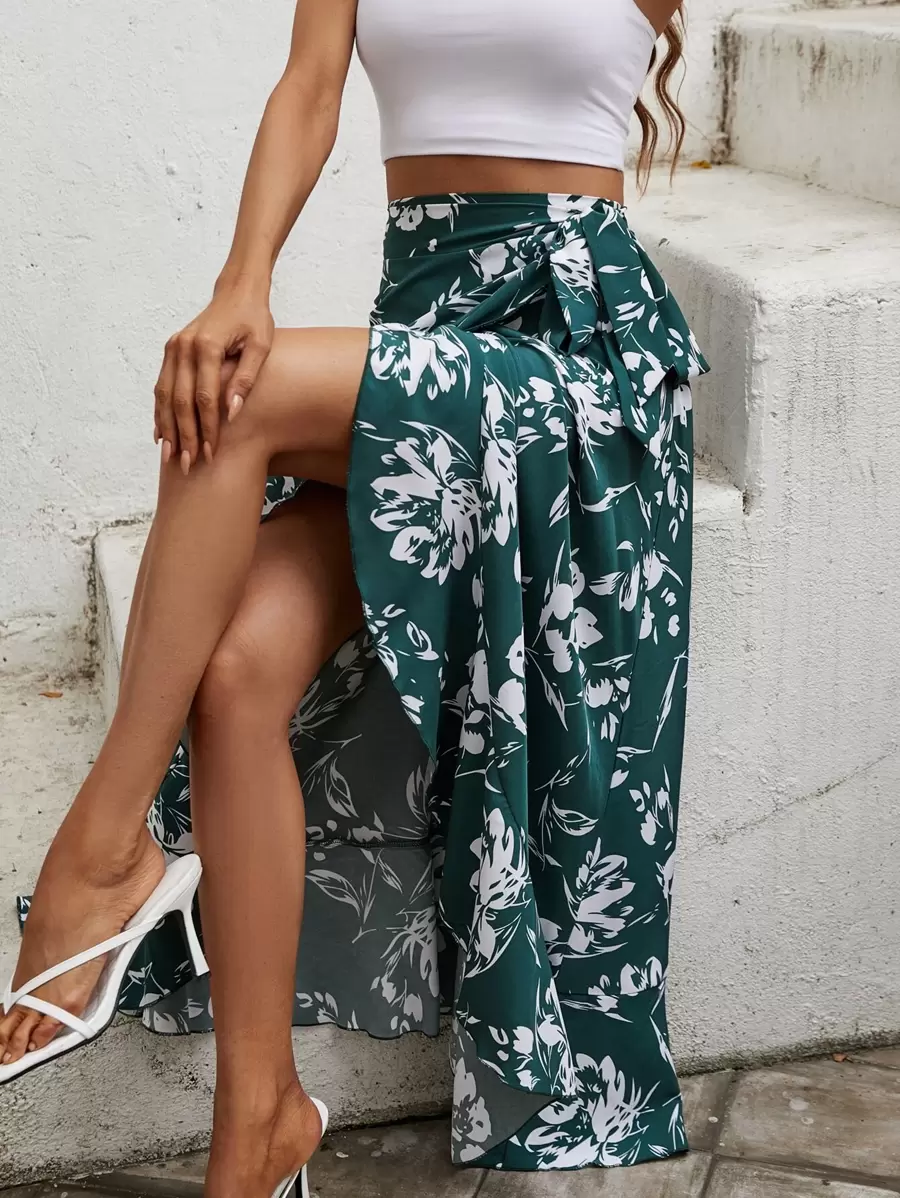 SHEIN VCAY 印花側打結裹身裙 - 綠色 - 查看 1