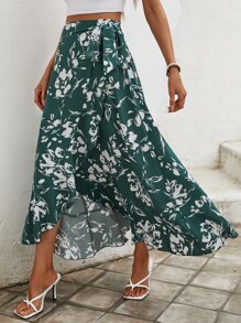 SHEIN VCAY 印花側打結裹身裙 - 綠色 - 查看 4