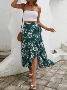 SHEIN VCAY 印花側打結裹身裙 - 綠色 - 查看 5