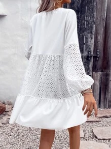 SHEIN Swim 網眼刺繡燈籠袖開門襟和服罩衫 - 白色 - 查看 2