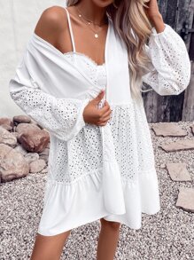 SHEIN Swim 網眼刺繡燈籠袖開門襟和服罩衫 - 白色 - 查看 3