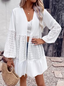 SHEIN Swim 網眼刺繡燈籠袖開門襟和服罩衫 - 白色 - 查看 4