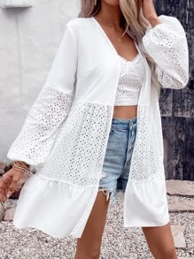 SHEIN Swim 網眼刺繡燈籠袖開門襟和服罩衫 - 白色 - 查看 6