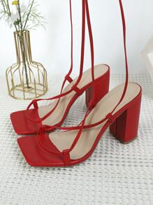 女士腿部繫帶設計粗跟時尚綁帶涼鞋適用於戶外