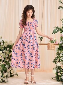 SHEIN Teen Girls Floral Print Puff Sleeve Dress - Pink - View 1