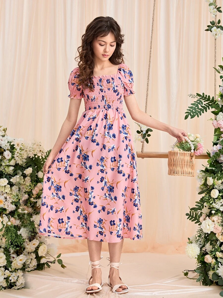 SHEIN Teen Girls Floral Print Puff Sleeve Dress - Pink - View 1