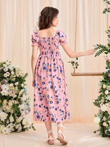 SHEIN Teen Girls Floral Print Puff Sleeve Dress - Pink - View 2