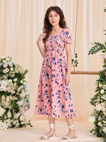 SHEIN Teen Girls Floral Print Puff Sleeve Dress - Pink - View 3