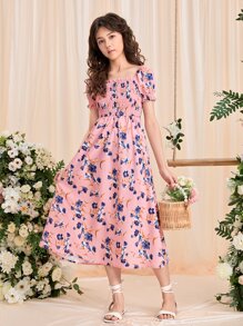 SHEIN Teen Girls Floral Print Puff Sleeve Dress - Pink - View 5
