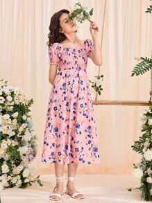 SHEIN Teen Girls Floral Print Puff Sleeve Dress - Pink - View 6