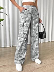 SHEIN EZwear Gorpcore Camo Print Flap Pocket Cargo Quần - Nhiều màu - Xem 4