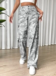 SHEIN EZwear Gorpcore Camo Print Flap Pocket Cargo Quần - Nhiều màu - Xem 5