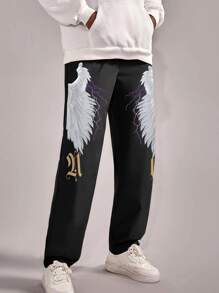 ROMWE MEN Guys Wings & Letter Graphic Pants - Black - View 1