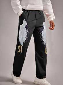 ROMWE MEN Guys Wings & Letter Graphic Pants - Black - View 3