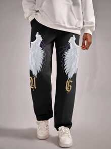 ROMWE MEN Guys Wings & Letter Graphic Pants - Black - View 4