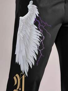 ROMWE MEN Guys Wings & Letter Graphic Pants - Black - View 8