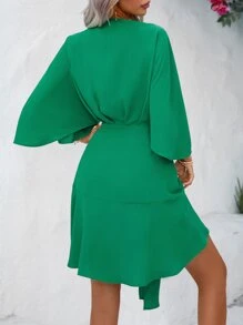 Breezaya 素色蝙蝠袖側打結圍裹式連衣裙