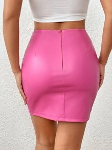 SHEIN Unity Falda unicolor fruncido bajo cruzado PU - Rosa Fucsia - Ver 2