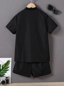 SHEIN Bộ hai mảnh Trai Túi Nút phía trước Lá thư Giải trí - màu đen - Xem 2