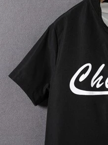 SHEIN Bộ hai mảnh Trai Túi Nút phía trước Lá thư Giải trí - màu đen - Xem 5