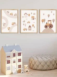 3入組/套汽車和房屋印刷品無框畫卡通牆藝術畫適用於家居牆壁裝飾 - 彩色 - 查看 1