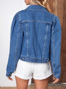 Flap Pocket Puff Sleeve Denim Jacket - Medium Wash - View 2