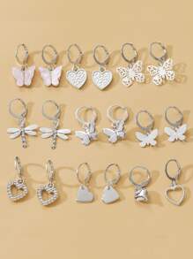 9對/套蝴蝶和心形耳墜 - 銀色 - 查看 1