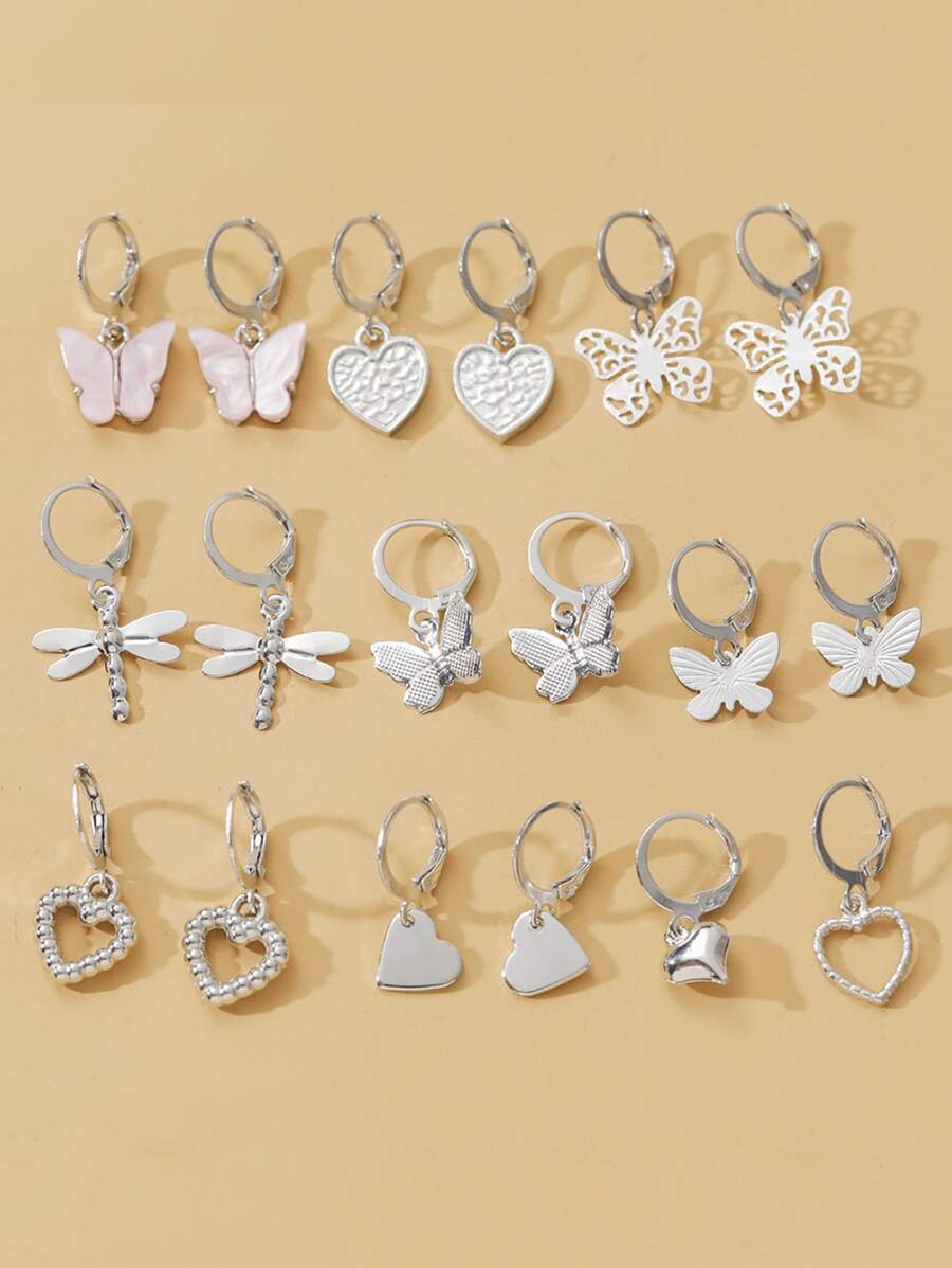 9對/套蝴蝶和心形耳墜 - 銀色 - 查看 1