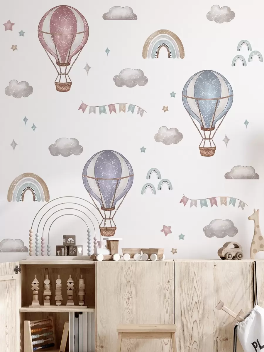 2pcs/Set PVC Wall Sticker, Rainbow & Hot Air Balloon Pattern Wall Decal For Home, Stickers, Wall Decal, Vinyl Decal For Home Decorations, Spring Decoration Items Refresh Your Home, Festival Decoration Stickers Gifts Birthday Graduation