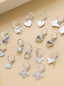 9對/套蝴蝶和心形耳墜 - 銀色 - 查看 4