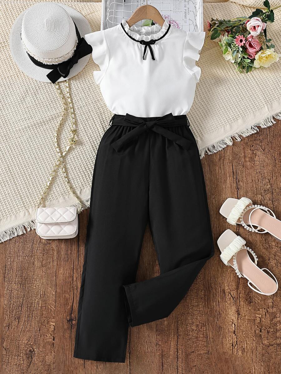 SHEIN Explorewe Girls Ruffle Trim Bow Front Blouse & Belted Trousers - Black and White - View 1