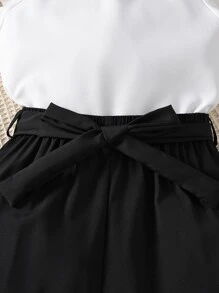 SHEIN Explorewe Girls Ruffle Trim Bow Front Blouse & Belted Trousers - Black and White - View 5