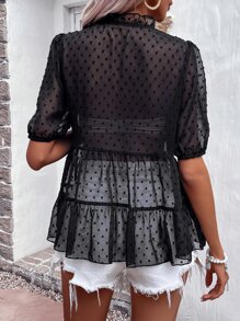 Breezaya Swiss Dot Tie Front Puff Sleeve Ruffle Hem Chiffon Blouse - Black - View 2