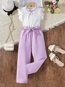 SHEIN 女孩荷葉邊前蝴蝶結襯衫和腰帶長褲 - 彩色 - 查看 1