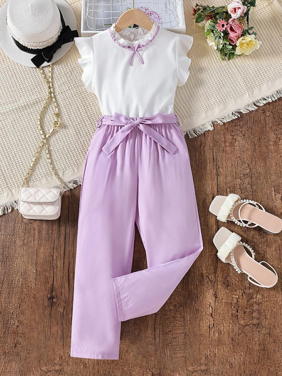 SHEIN 女孩荷葉邊前蝴蝶結襯衫和腰帶長褲 - 彩色 - 查看 1