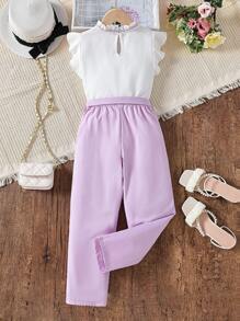 SHEIN 女孩荷葉邊前蝴蝶結襯衫和腰帶長褲 - 彩色 - 查看 2