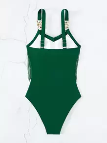 Women's Solid Color Fringe Design Fashionable Spaghetti Strap One-Piece Swimsuit - Green - View 2