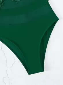 Women's Solid Color Fringe Design Fashionable Spaghetti Strap One-Piece Swimsuit - Green - View 3