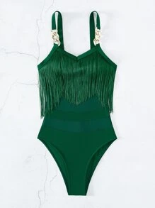 Women's Solid Color Fringe Design Fashionable Spaghetti Strap One-Piece Swimsuit - Green - View 4