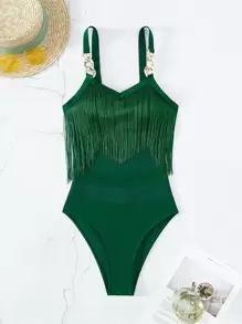 Women's Solid Color Fringe Design Fashionable Spaghetti Strap One-Piece Swimsuit - Green - View 5