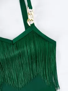 Women's Solid Color Fringe Design Fashionable Spaghetti Strap One-Piece Swimsuit - Green - View 6