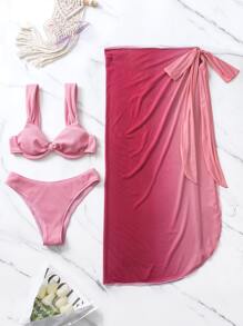 SHEIN 单色比基尼套装褶皱胸围钢圈上衣和比基尼和系带侧沙滩裙 3 件比基尼夏季海滩 - 彩色 - 查看 4