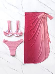 SHEIN 单色比基尼套装褶皱胸围钢圈上衣和比基尼和系带侧沙滩裙 3 件比基尼夏季海滩 - 彩色 - 查看 5