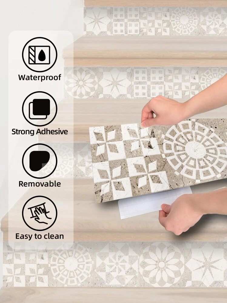 SUPSTICKER 1ロール エレガントスタイル 印刷階段ステッカー 自己接着式 防水 ホームデコレーション ウォールステッカー 106.3cm x 18cm、ステッカー、ウォールデカール、ビニールデカール ホームデコレーション、春のデコレーションアイテムでお部屋を一新、お祝いデコレーションステッカー ギフト 誕生日 卒業 フロアタイル フローリング 自己接着式フロアタイル リビング キッチンデコレーション - マルチカラー - 見る 3