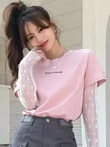 DAZY Letter Graphic Contrast Mesh Sleeve Tee Sheer Long Sleeve Women Tops