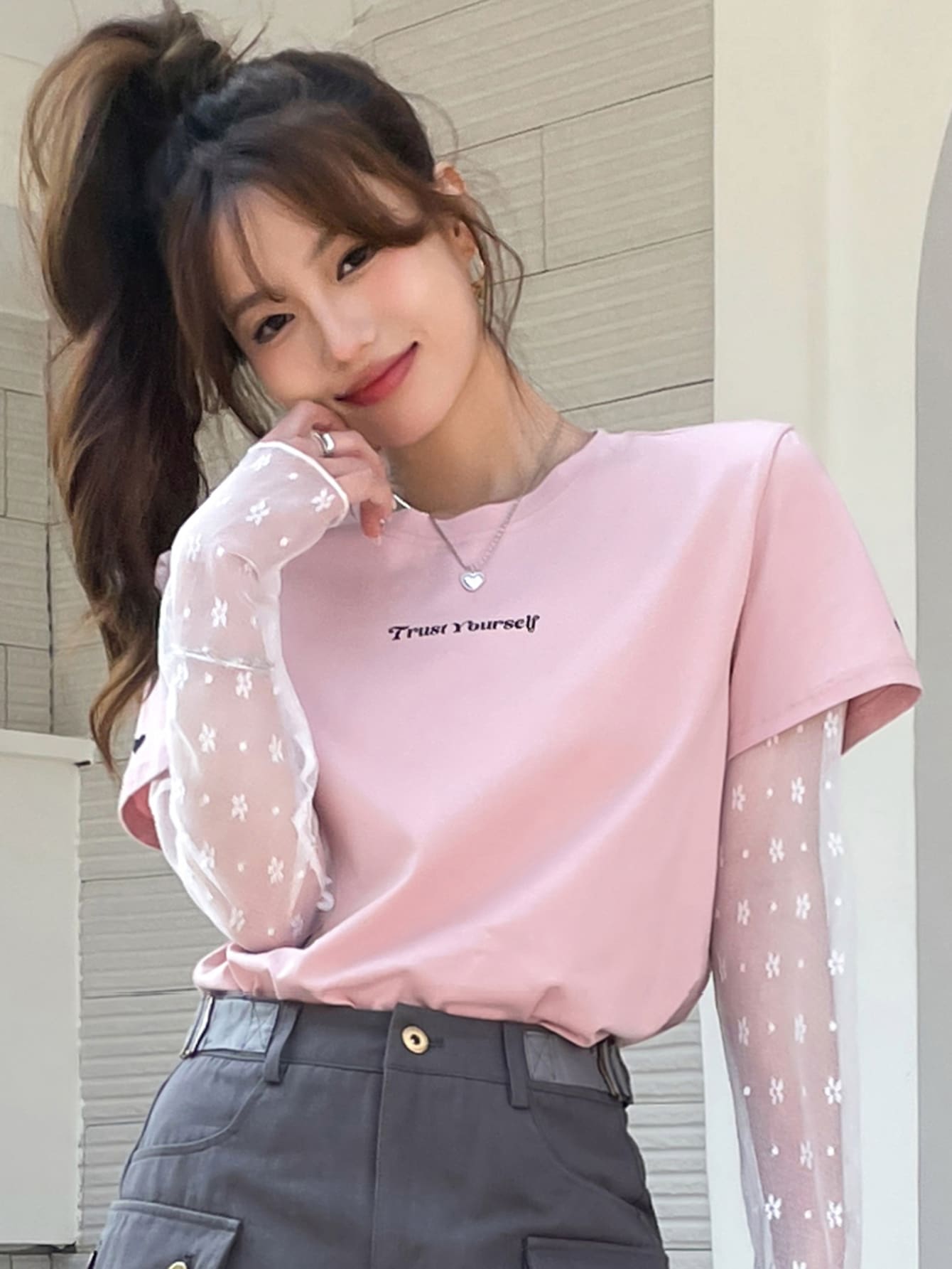 DAZY Letter Graphic Contrast Mesh Sleeve Tee Sheer Long Sleeve Women Tops