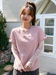 DAZY Letter Graphic Contrast Mesh Sleeve Tee Sheer Long Sleeve Women Tops