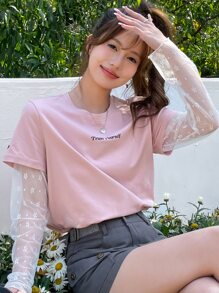 DAZY Letter Graphic Contrast Mesh Sleeve Tee Sheer Long Sleeve Women Tops