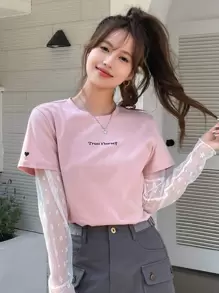 DAZY Letter Graphic Contrast Mesh Sleeve Tee Sheer Long Sleeve Women Tops